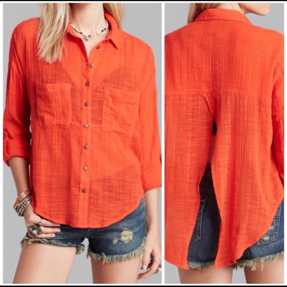 Free People Tops - Free People Gauze Orange Shirt Split Tail M